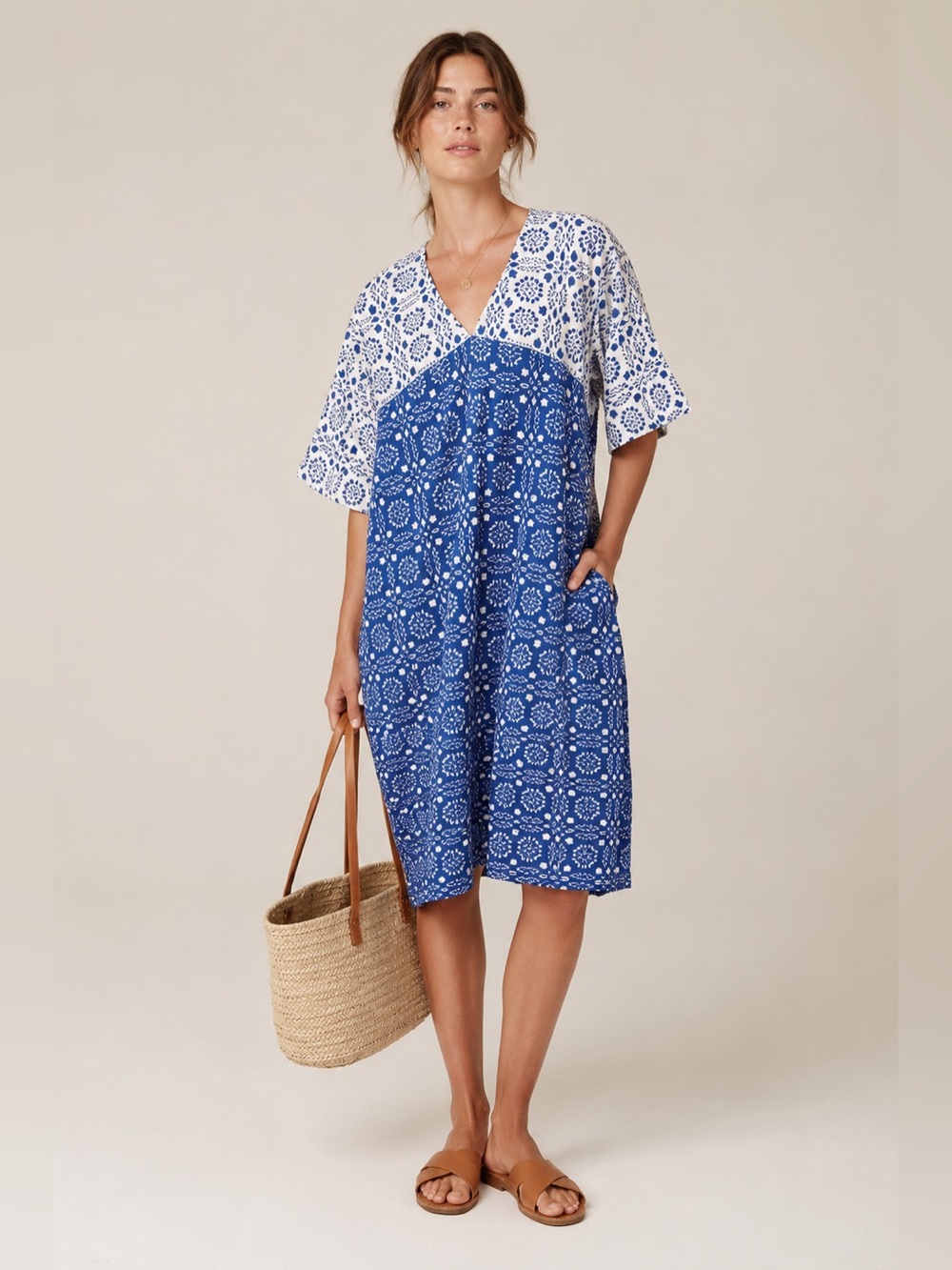 Ace & Jig Cardiff Harper Caftan Dress in Cobalt Blue White Geometric Print. S
